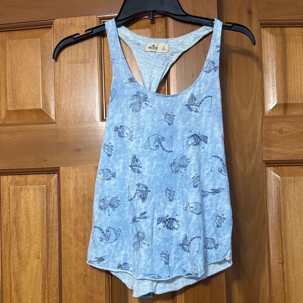 Hollister Light Blue Fish Patterned Tank Top with Twist Back Small